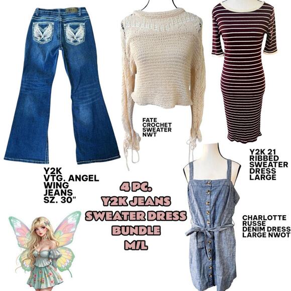 Y2K ANGEL WINGS FLARE JEANS CROCHET‎ SWEATER DRESSES BUNDLE M/L - Picture 1 of 8